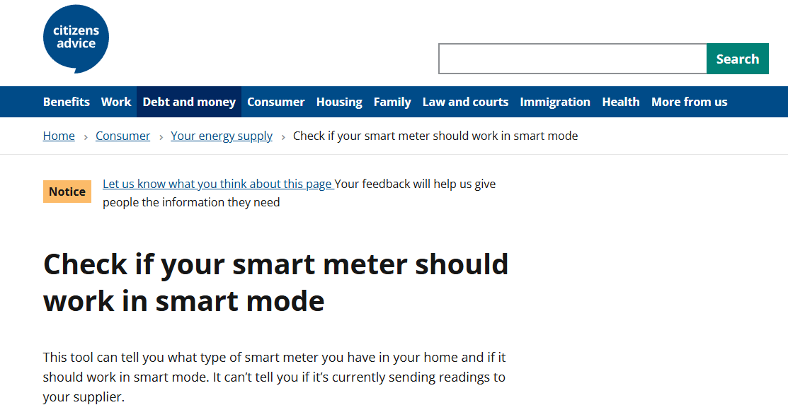 Image of Citizens Advice Website for checking Smart Meters