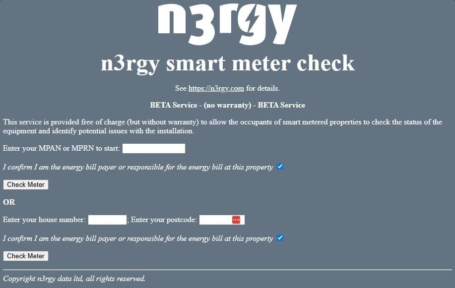 Image of n3rgy Website for checking Smart Meters